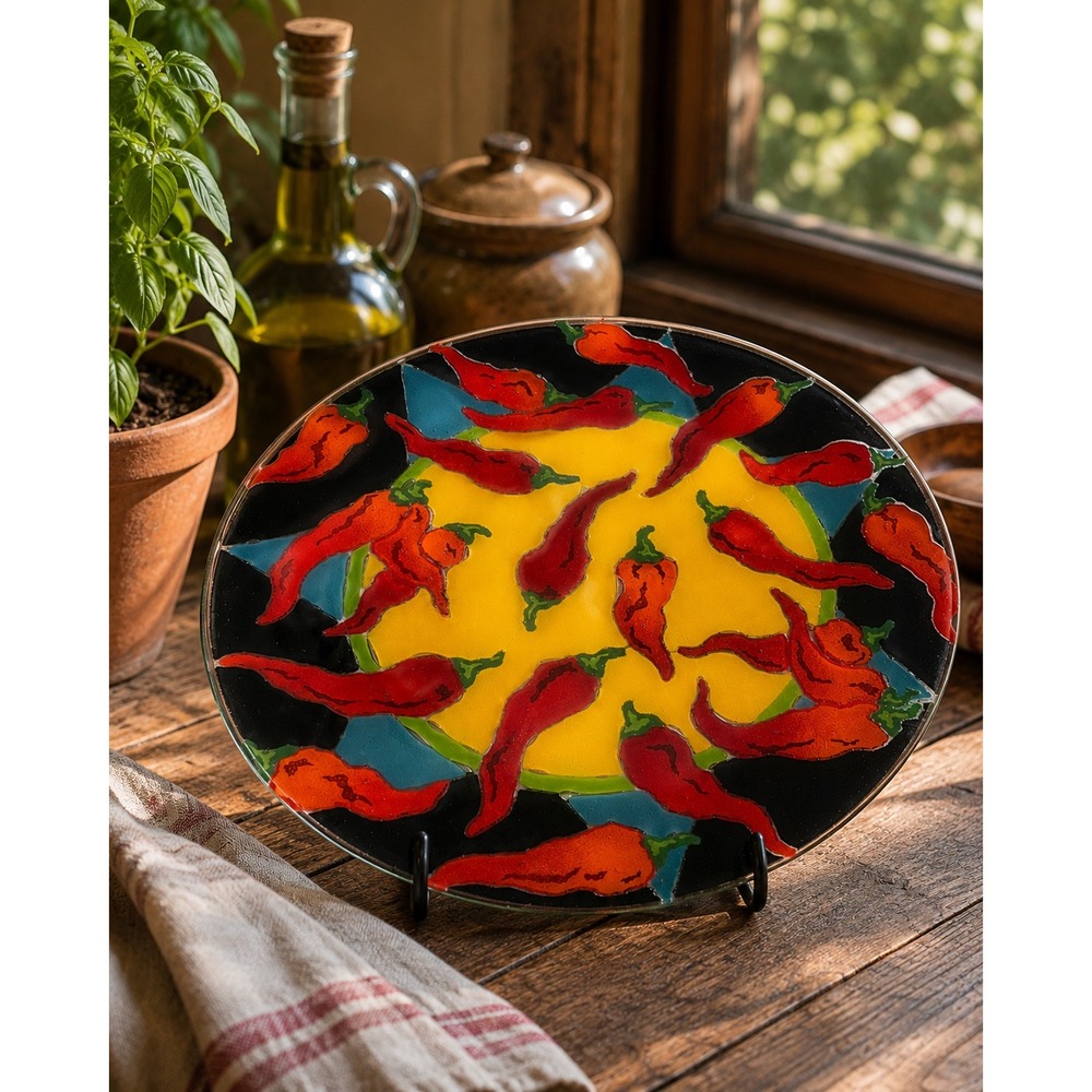 Peggy Karr Fused Glass Plate Red Chili Peppers 14 Inch Signed Art Glass Decor